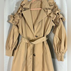 Tan Ruffle Sleeve belted Trench Coat (unique)